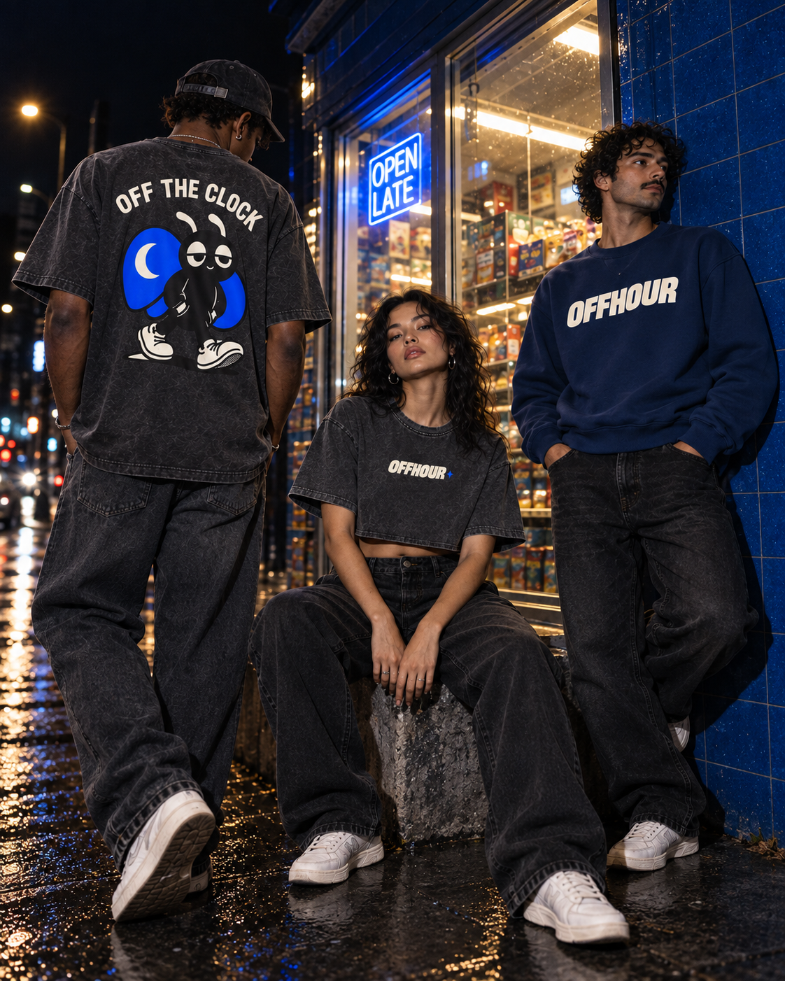 OFFHOUR night campaign with MILO Tee, MILO Crop Top and Navy Crew