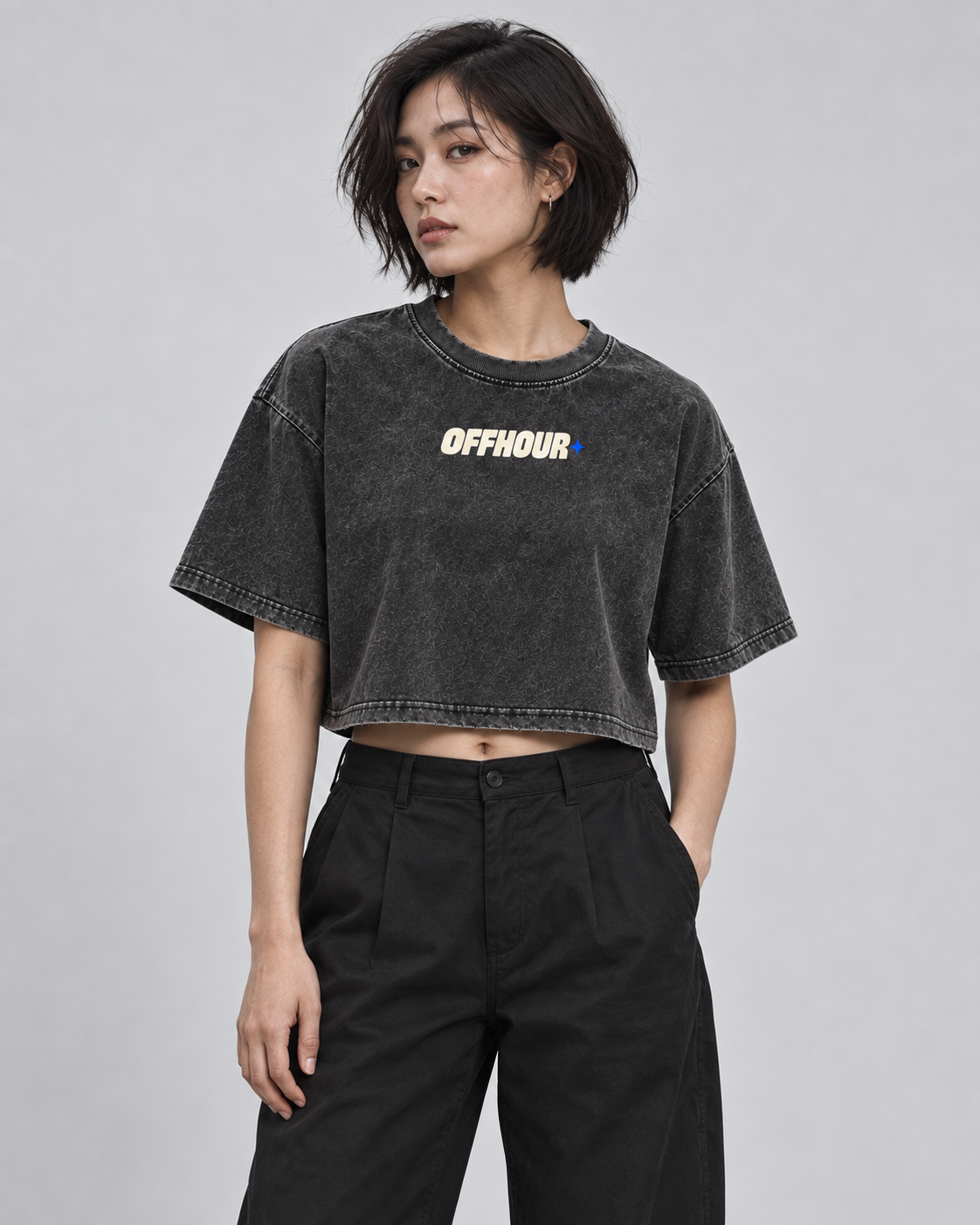 OFFHOUR MILO Crop Top — front on female model in studio
