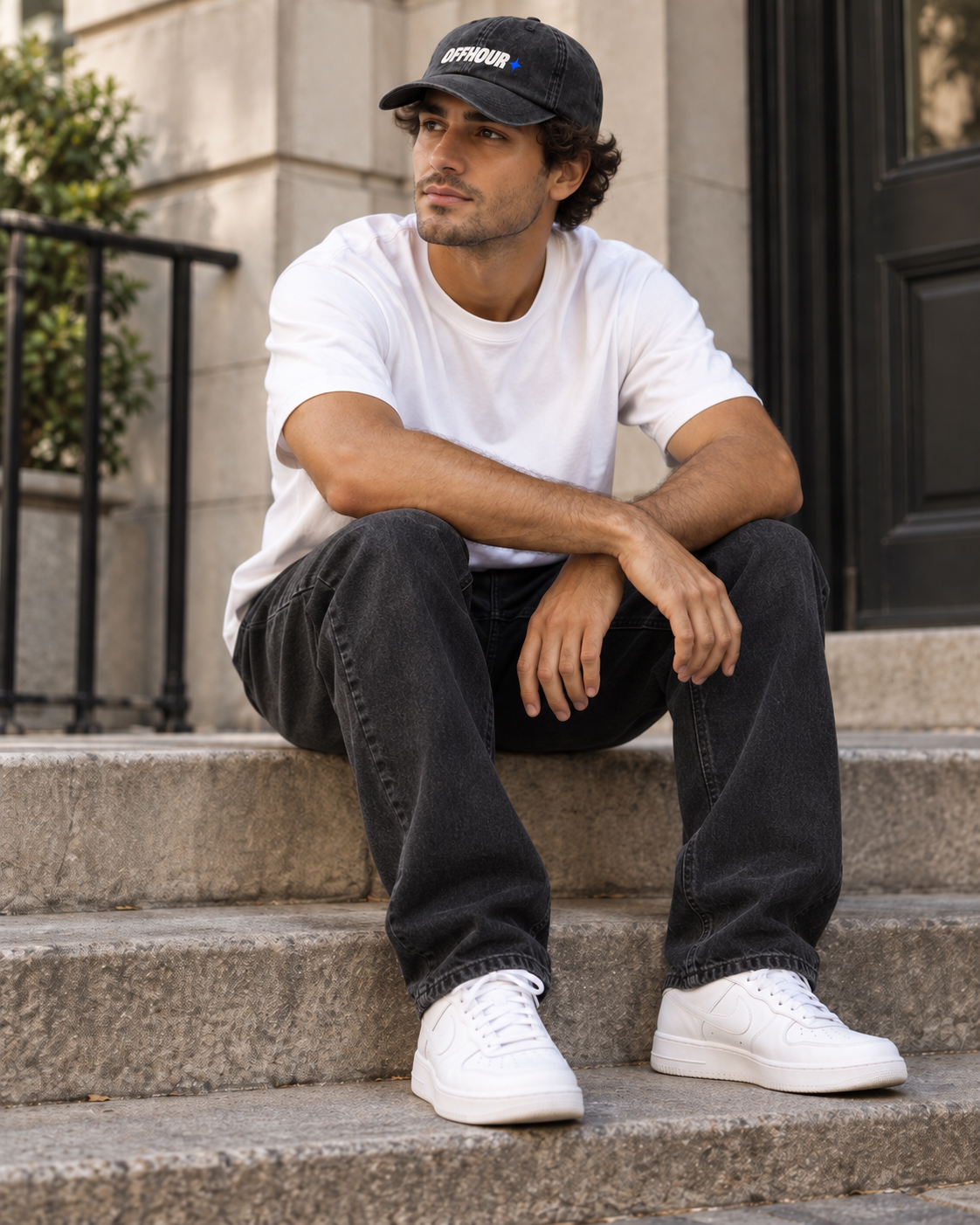 OFFHOUR Vintage Cap — lifestyle photo with plain black jeans